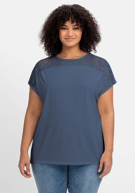 Shirt mit Spitzenpasse an der Schulterpartie - indigo - 40/42
