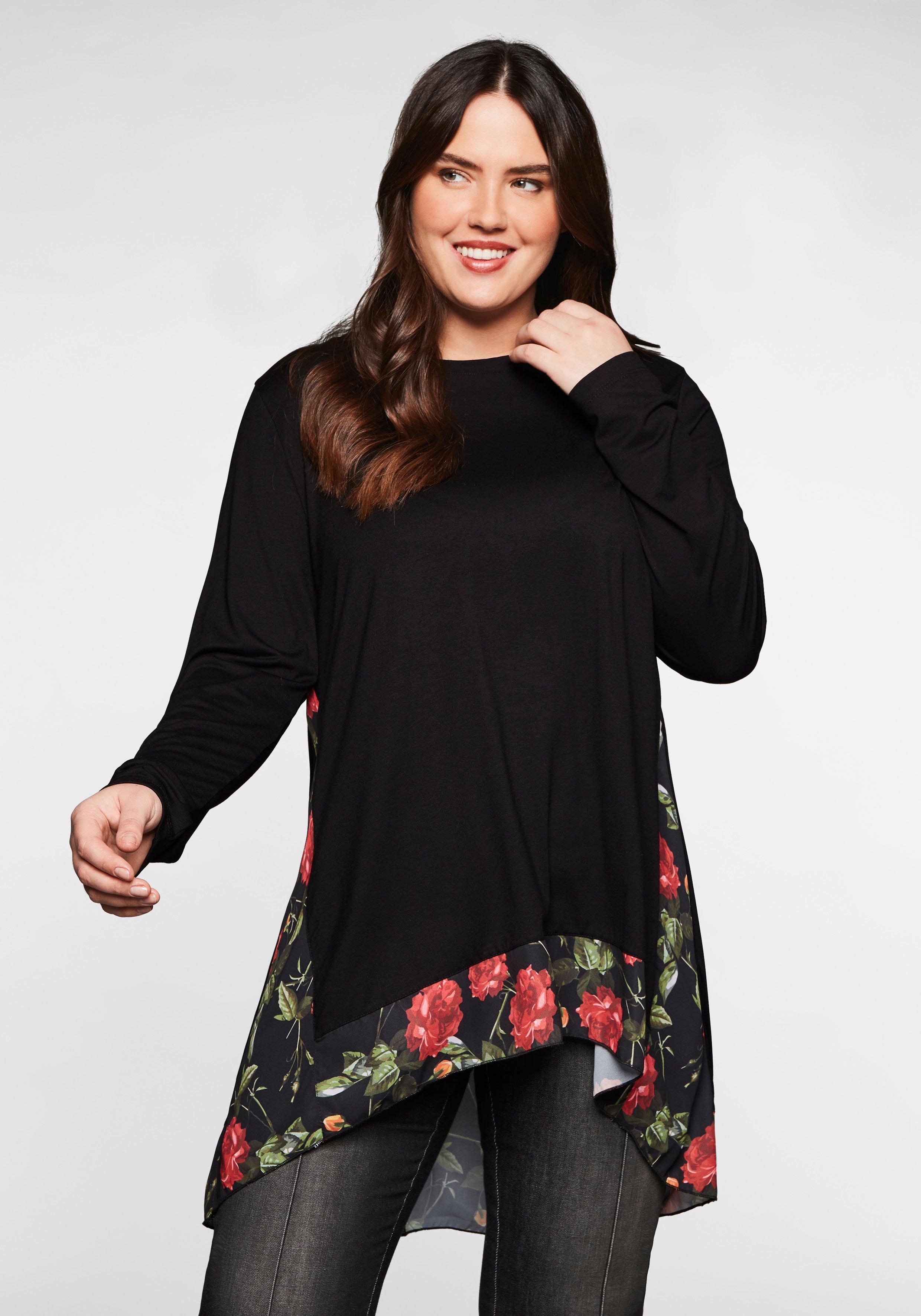 Longshirt mit floral bedruckten Einsätzen schwarz sheego | 