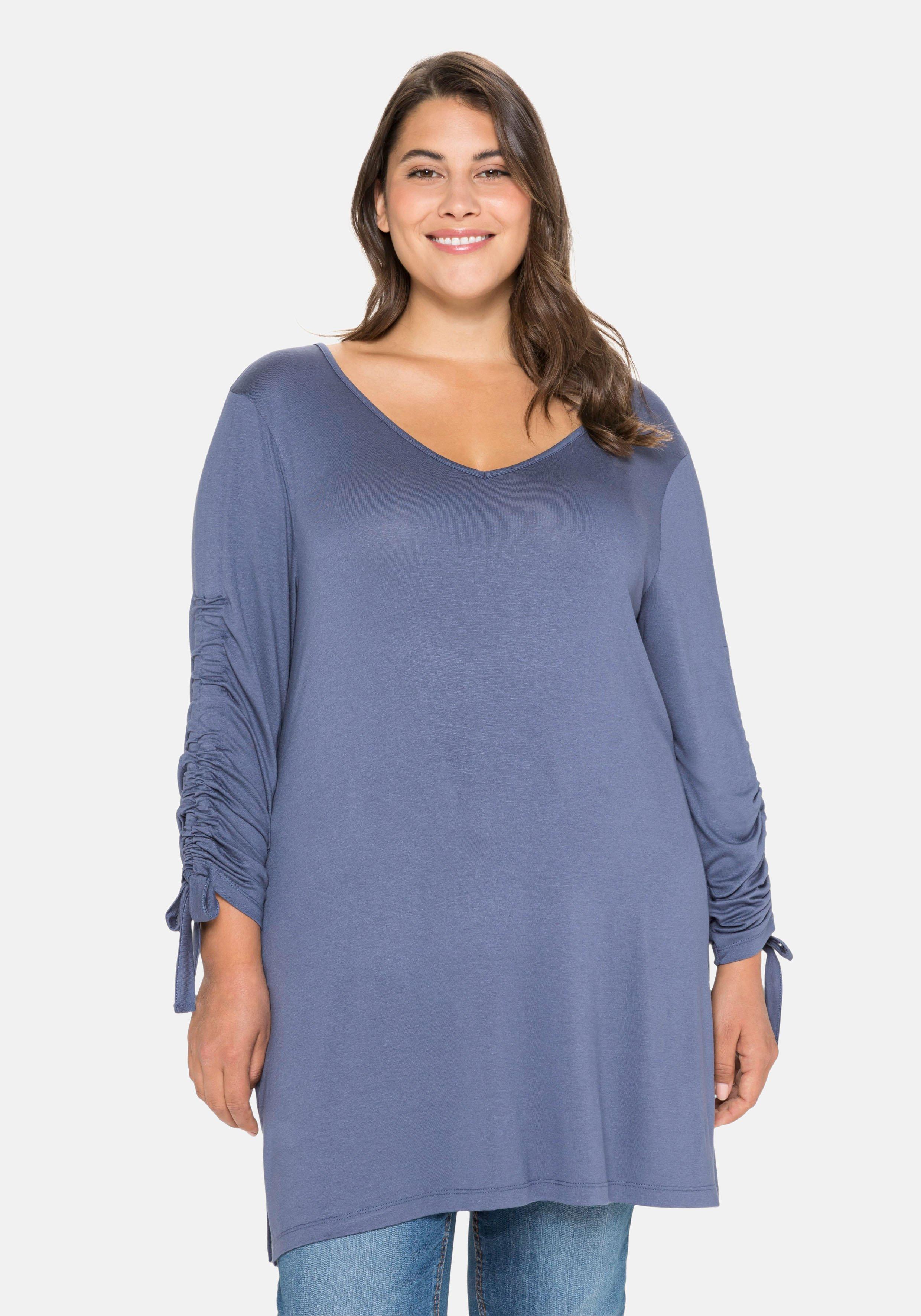 Jersey indigo sheego weicher | Raffung - am Longshirt mit Ärmel,