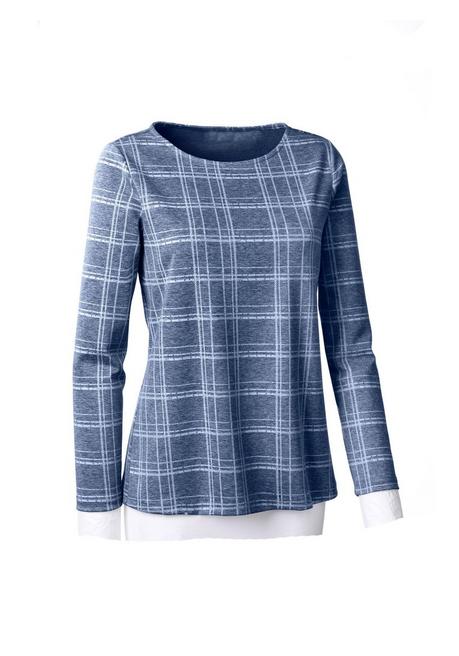 Shirt mit Karostreifen und Rundhalsausschnitt - jeansblau bedruckt - 40