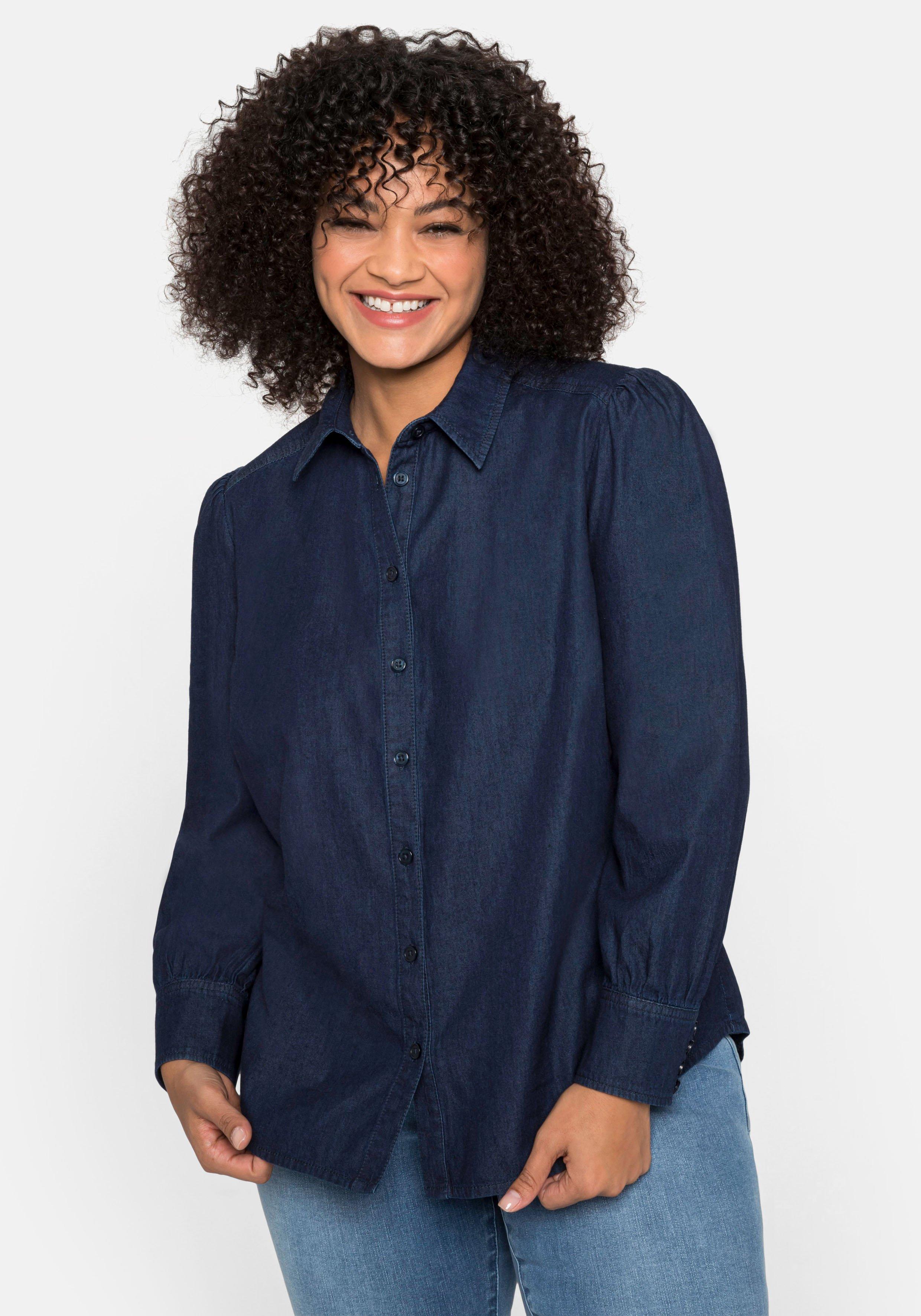 Jeansbluse mit angekräuselter Schulternaht - dark blue Denim | sheego