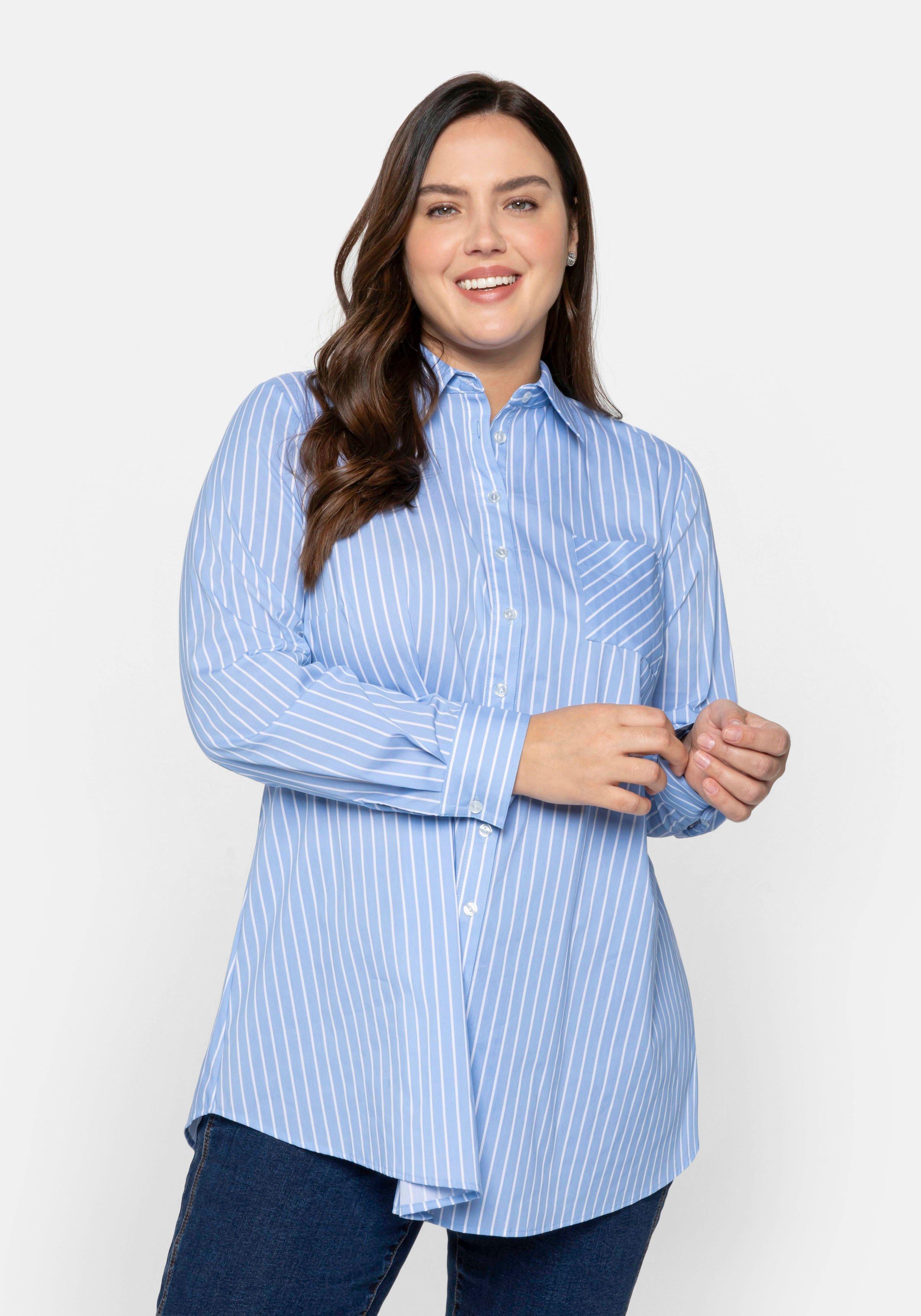 sheego Longbluse mit Streifen und gerundetem Saum - mittelblau sheego