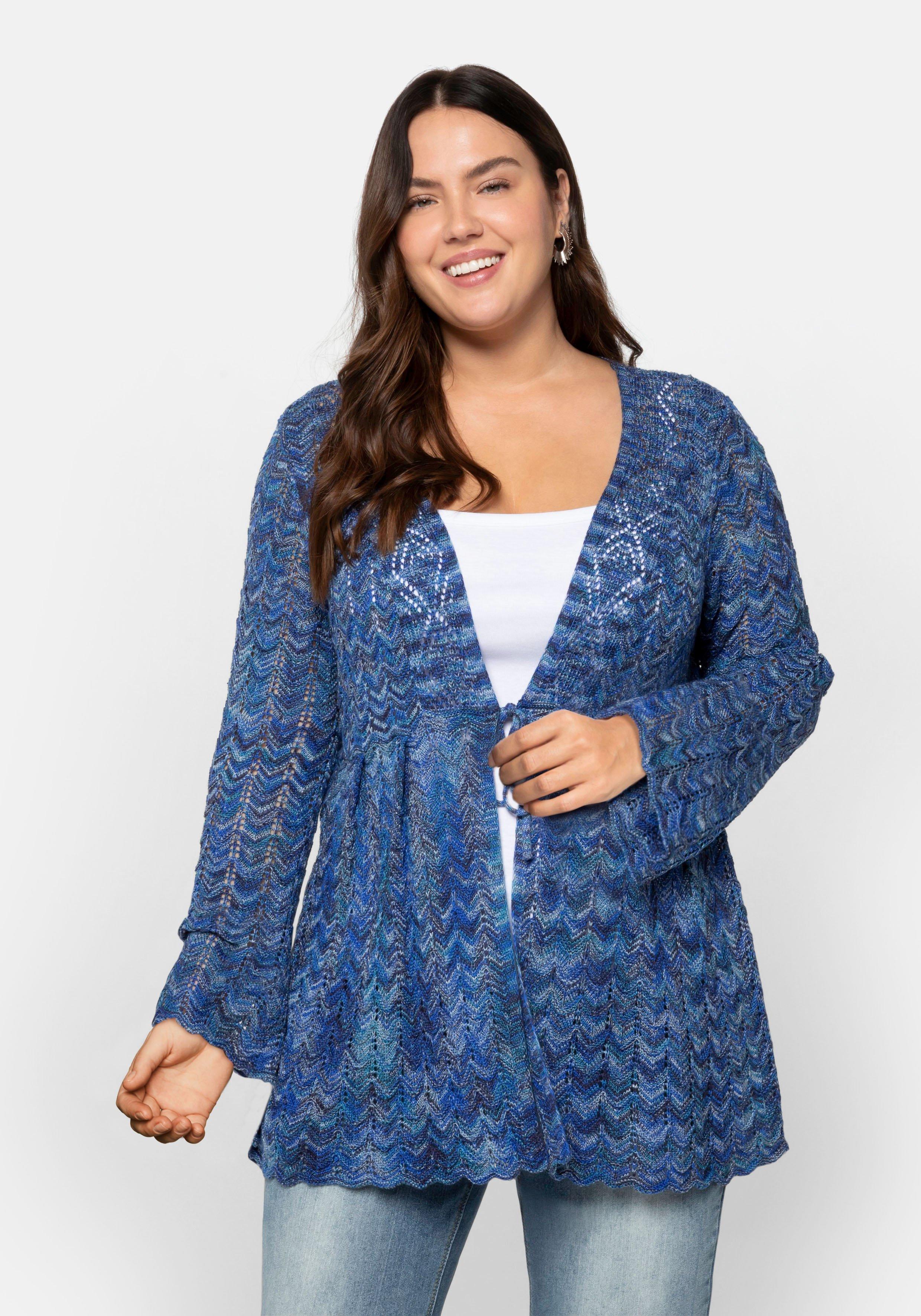 Ajourstrick-Cardigan mit Wellensaumkante | blau meliert - sheego