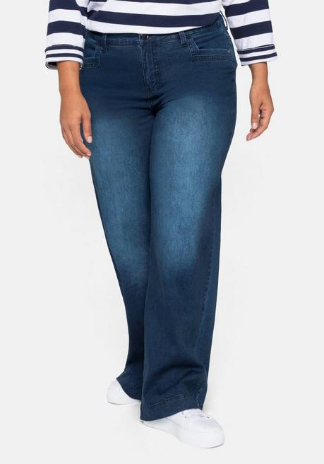 Weite Jeans mit Formbund und Gürtelschlaufen - dark blue Denim - 40