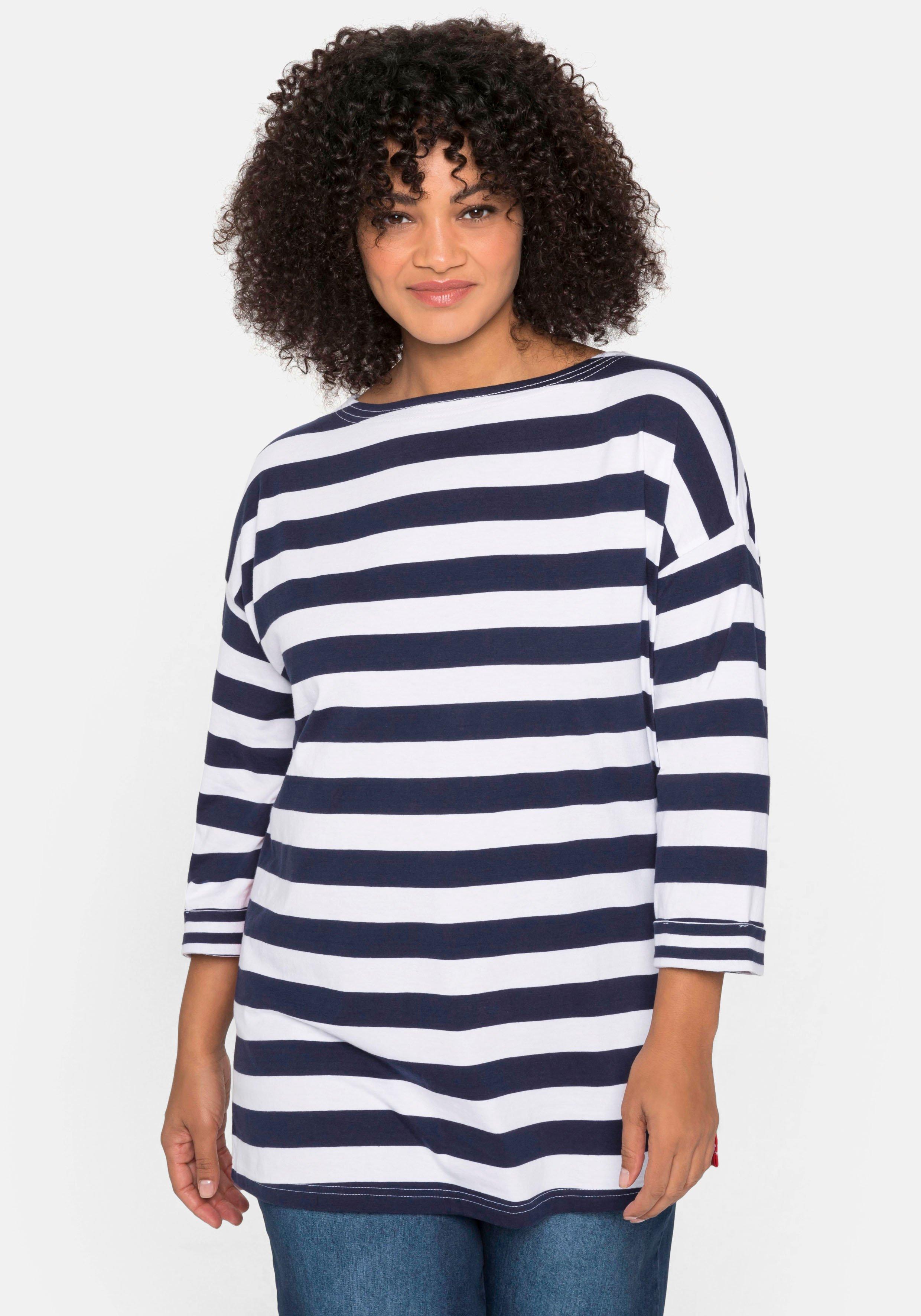 Sonderangebote 3/4-Arm-Shirt mit | marine - und Ringeln sheego U-Boot-Ausschnitt