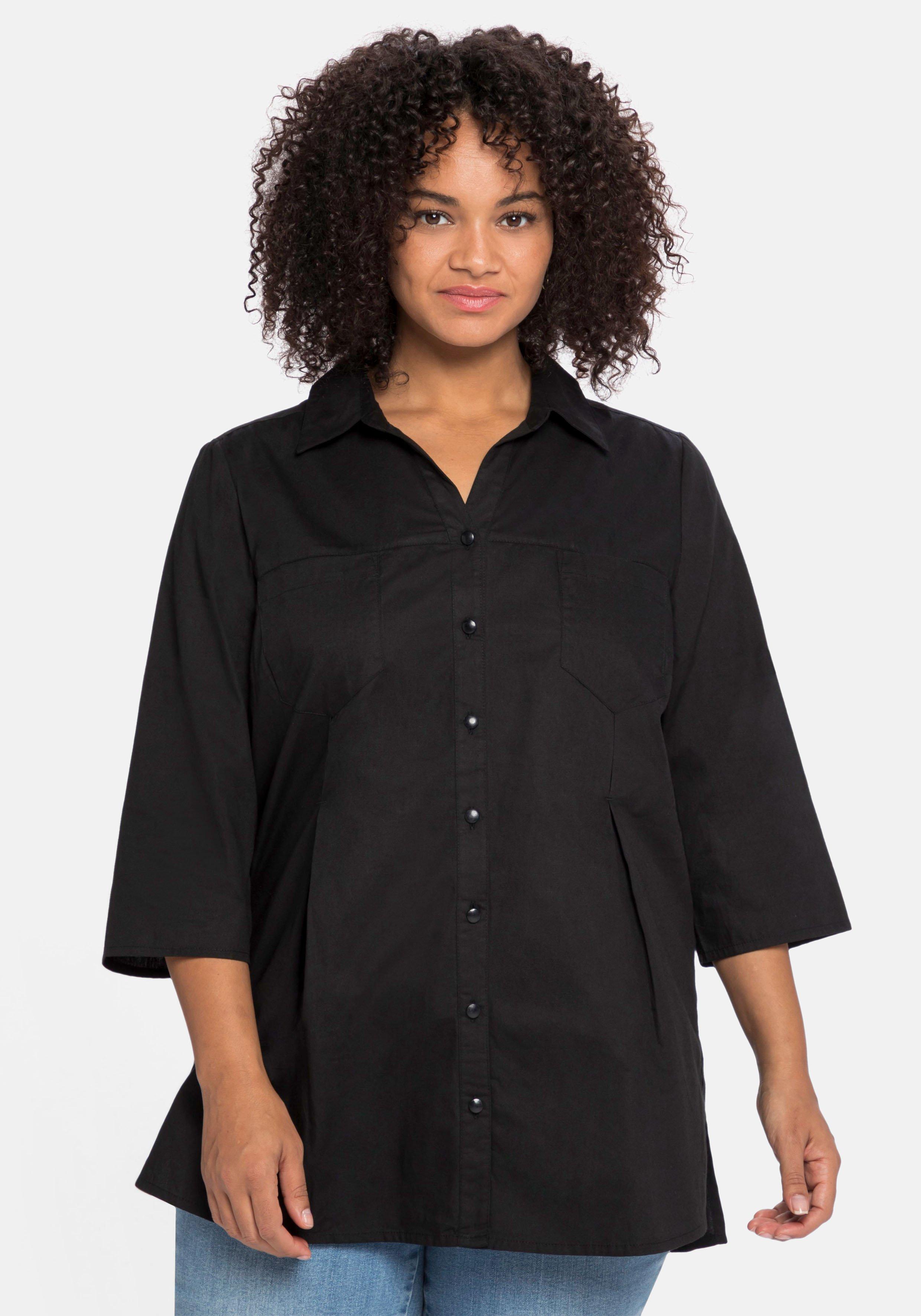 Bluse mit 3/4-Arm und dekorativen sheego schwarz - Falten 
