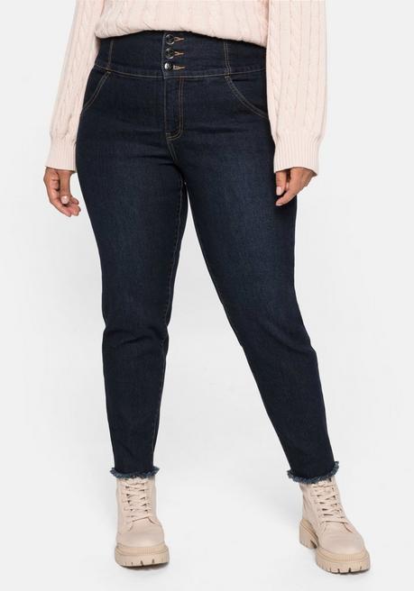 Skinny Jeans ANNE mit Kontrastnähten und Fransensaum - blue black Denim - 40