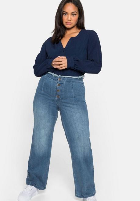 Gerade Jeans mit fransigem High-Waist-Bund - blue Denim - 40