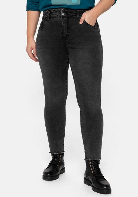 Skinny Ankle-Jeans in Moonwashed-Optik, mit Fransen - black used Denim - 40