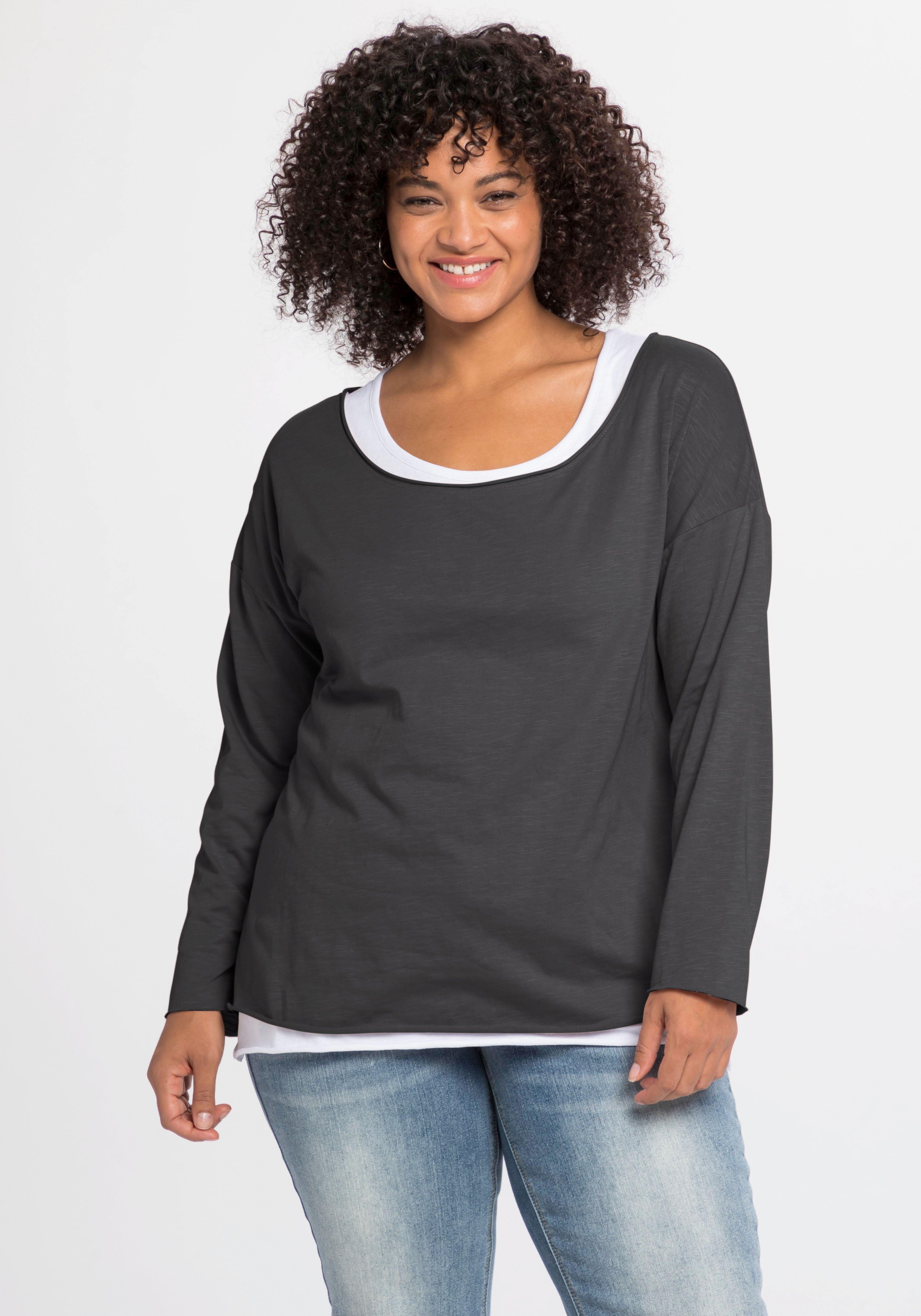 sheego by Joe Browns Langarmshirt im Layeringlook, mit Rollkanten - anthrazit sheego