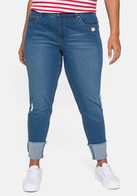 Schmale Jeans mit Destroyed-Effekten und Saumumschlag - blue used Denim - 40