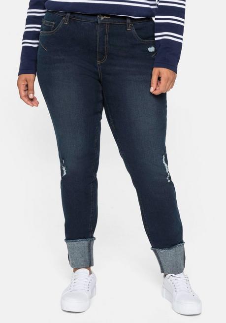 Schmale Jeans mit Destroyed-Effekten und Saumumschlag - dark blue Denim - 40