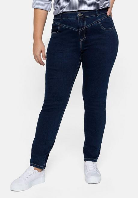 Schmale High-Waist-Jeans mit Kontrastnähten - dark blue Denim - 40