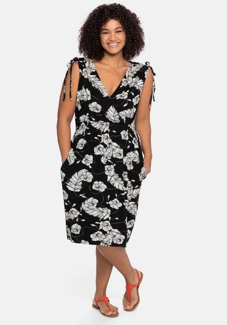 Kleid in Wickeloptik, mit floralem Druck - schwarz-weiß - 40