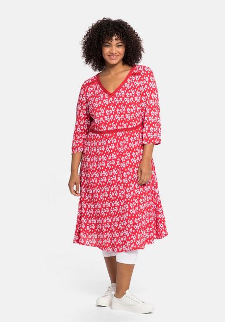 Kleid mit Blumendruck und Spitzenbesatz - rot bedruckt - 40
