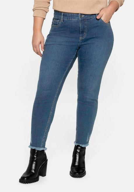 Schmale Jeans mit Fransensaum und Destroyed-Effekten - blue Denim - 40