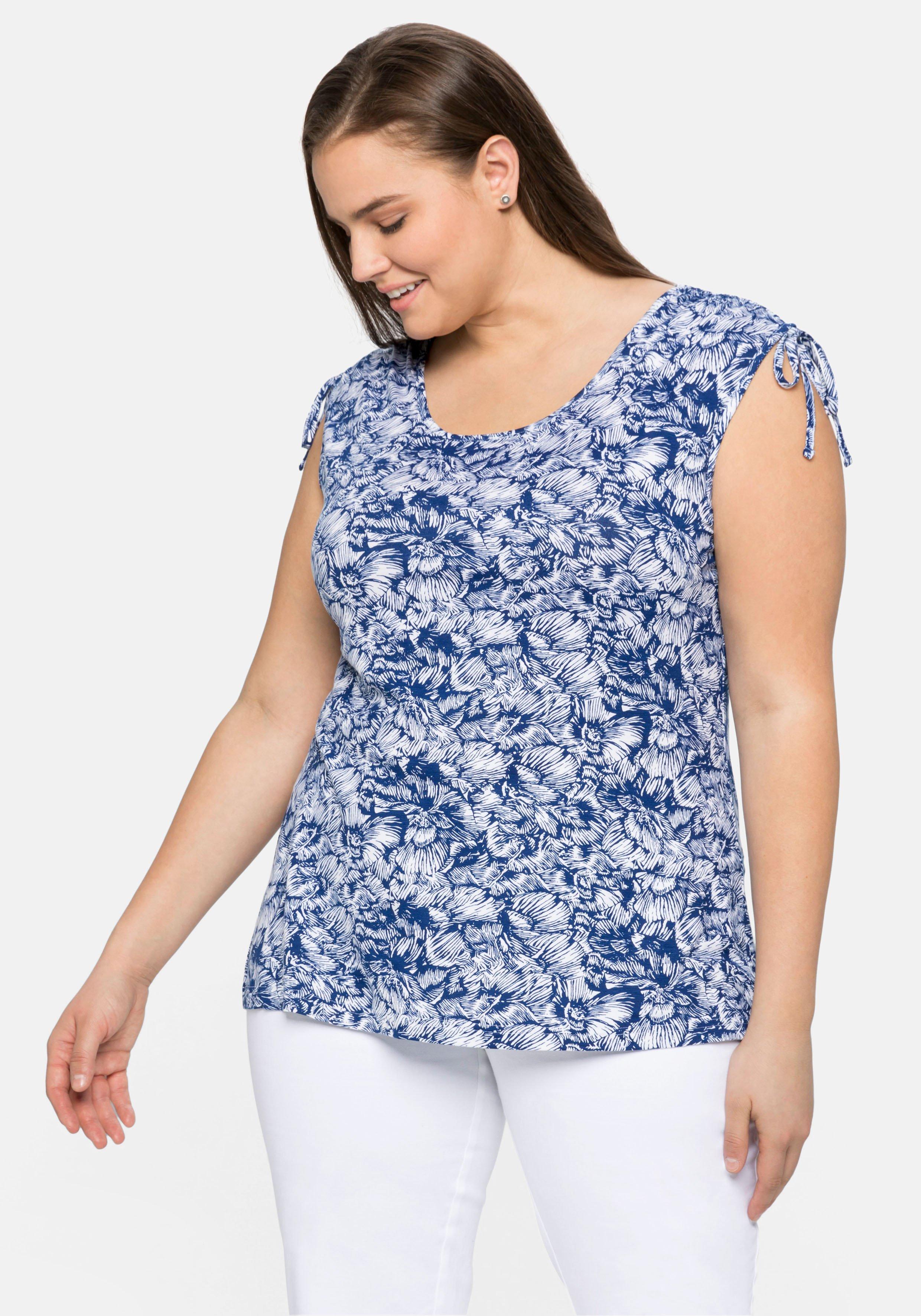 sheego by Joe Browns Jerseytop mit Blumenprint und geraffter Schulte - blau-weiß sheego