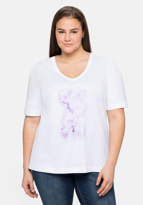 Shirt aus Jersey, mit V-Ausschnitt und Frontdruck - weiß - 40/42