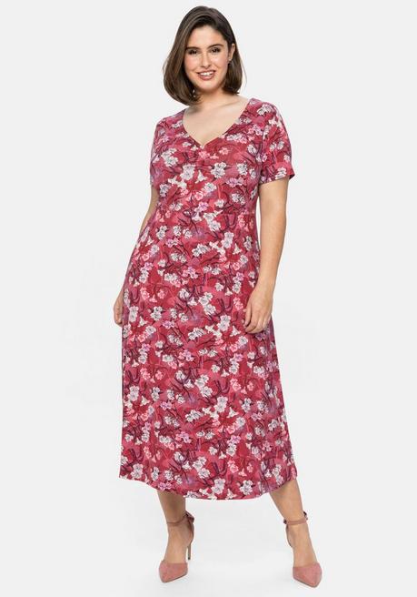 Jerseykleid mit Blumendruck, in Midi-Länge - rot bedruckt - 40