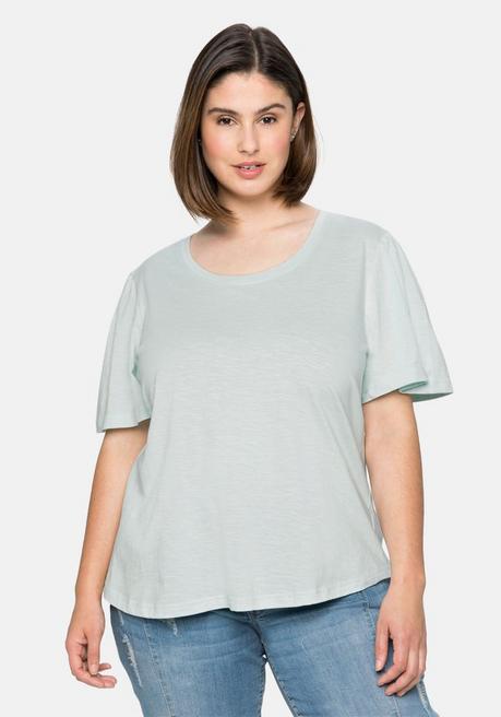 Shirt mit kurzen Flügelärmeln, aus reiner Baumwolle - blassaqua - 40/42