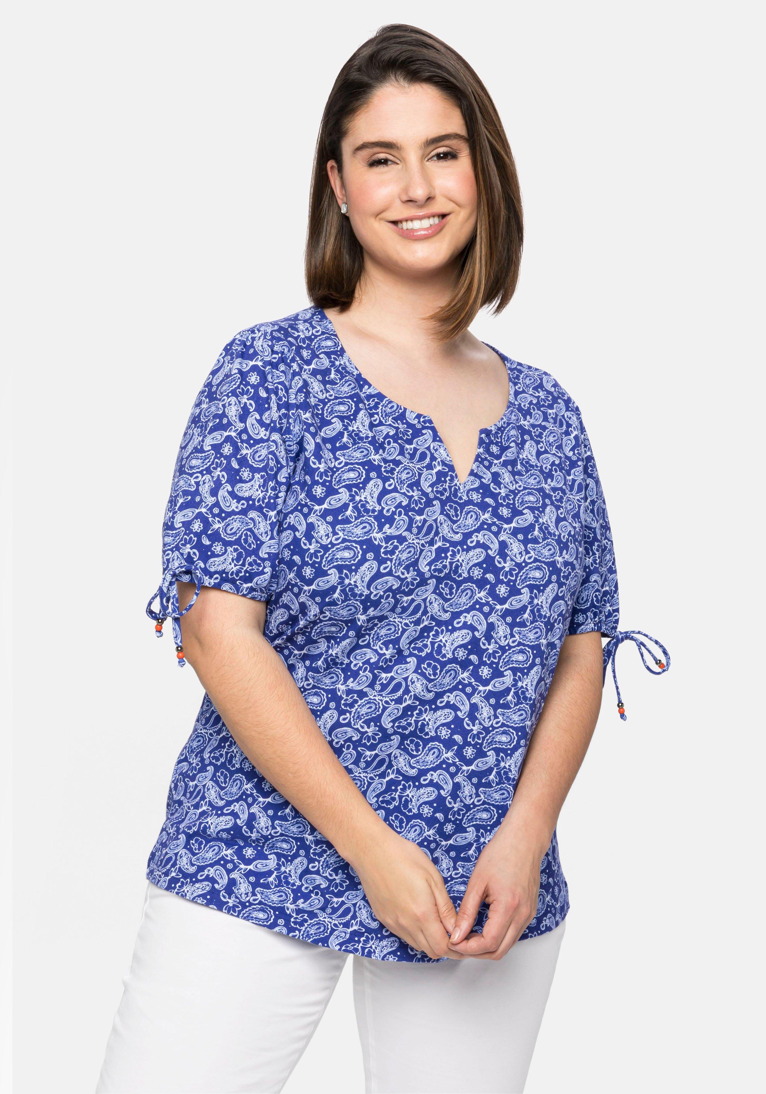 sheego Shirt mit Paisleydruck und Bindeband am Arm - royalblau sheego