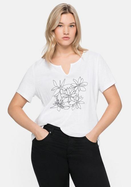 Shirt mit Stickerei und V-Cut am Ausschnitt - weiß - 40/42