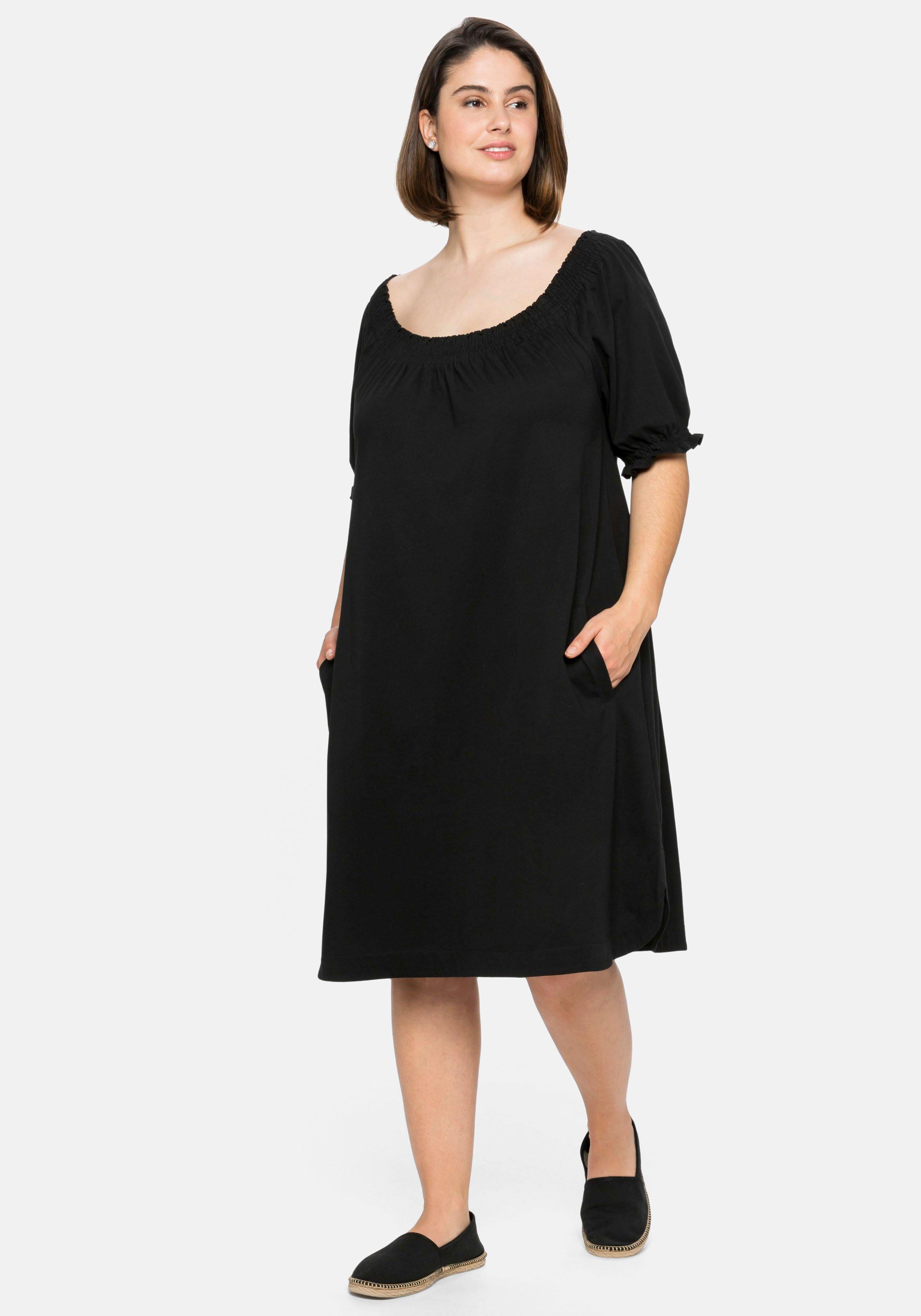 sheego Jerseykleid mit Smok-Ausschnitt und Puffärmeln - schwarz sheego