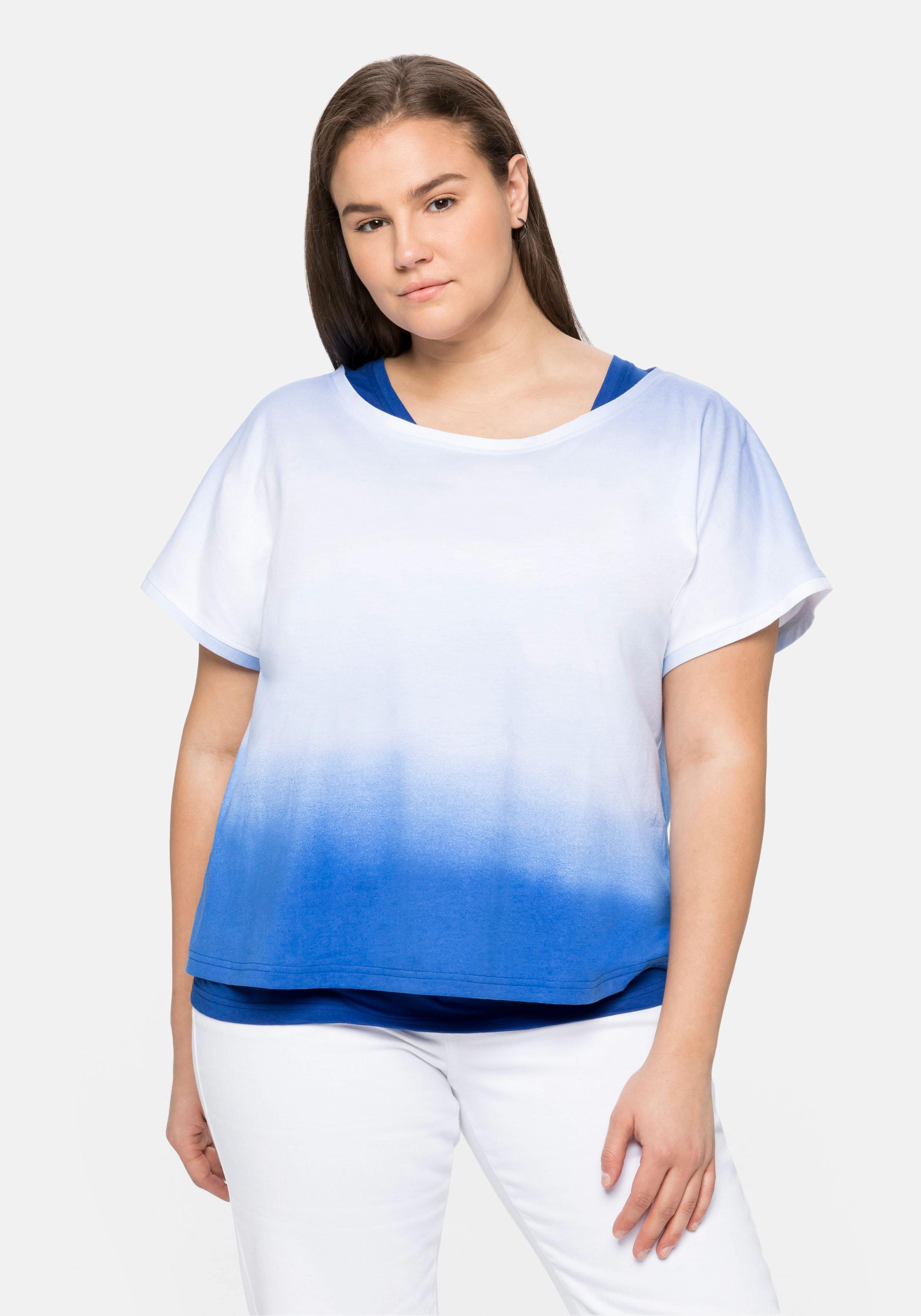 Große Größen: T-Shirt und Top im Lagenlook, in gebatikter Optik, royalblau, Gr.40-58