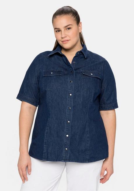 Jeansbluse mit Hemdkragen und Brusttaschen - dark blue Denim - 40