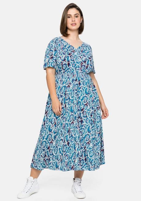 Kleid mit Alloverdruck und Smokbund - blau bedruckt - 40