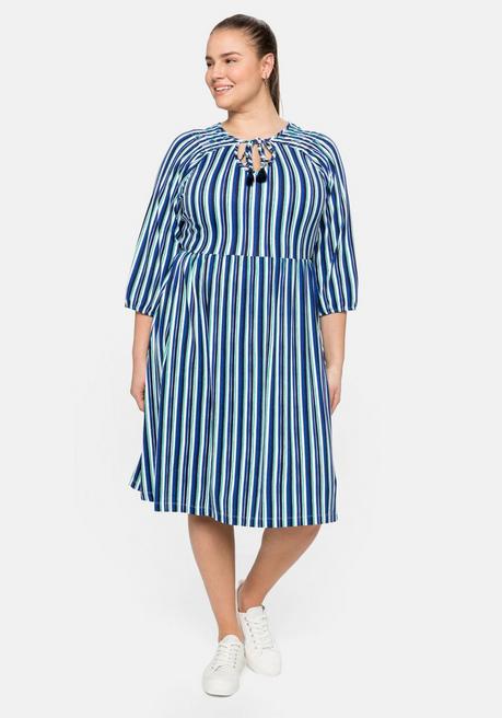 Jerseykleid mit Streifen, Bindeband am Ausschnitt - royalblau-weiß - 40