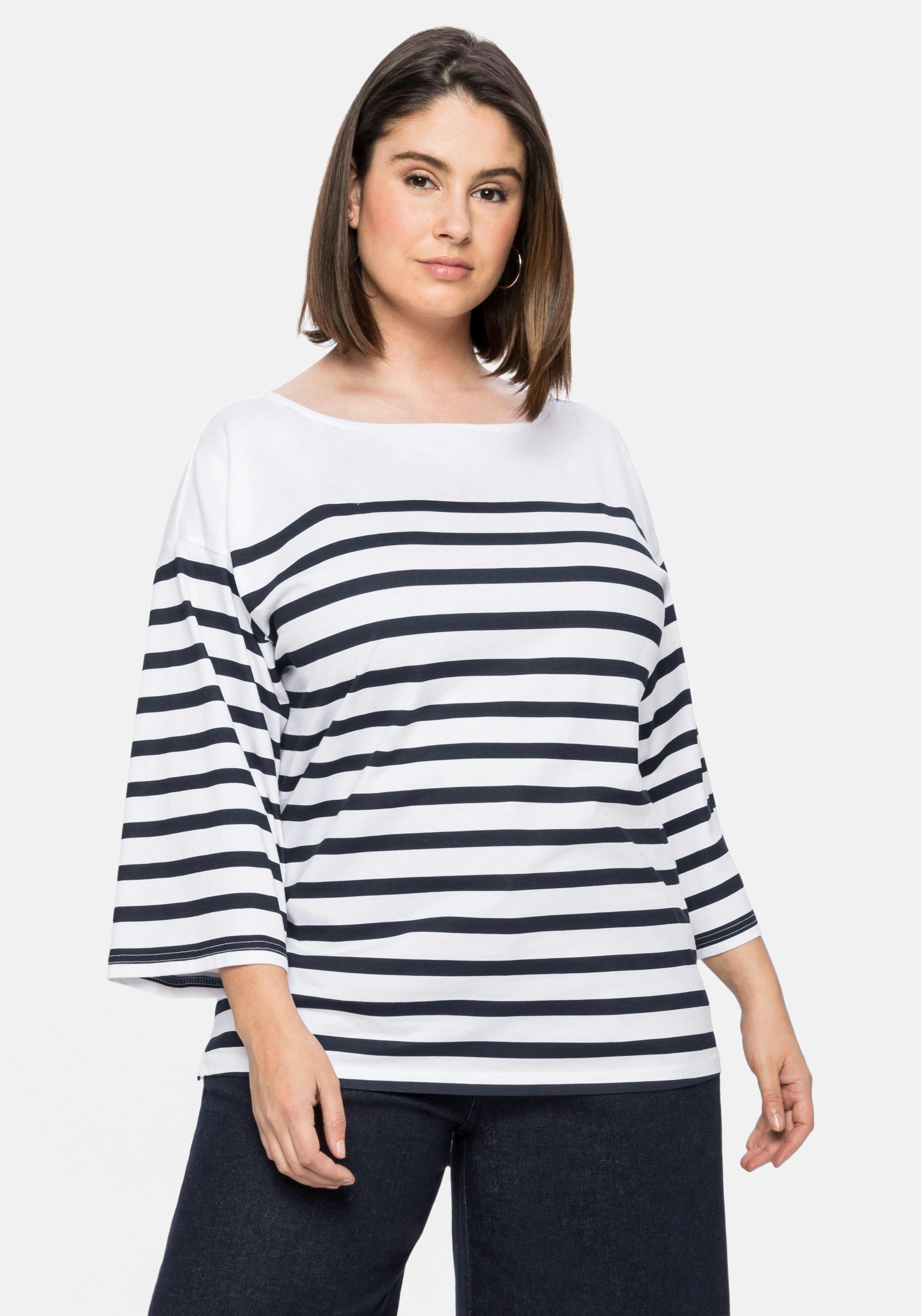 sheego Shirt mit Ringeln und Trompeten-Ärmeln, oversized - weiß gestreift sheego