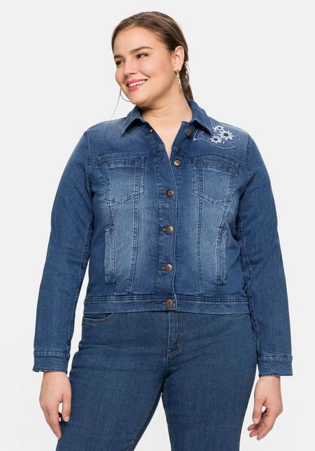 Kurze Jeansjacke mit Trachten-Stickereien - blue Denim - 58