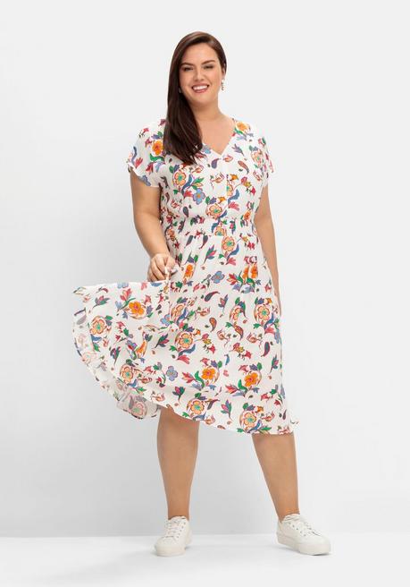 Kleid mit floralem Print und weitem Rockteil - weiß gemustert - 40