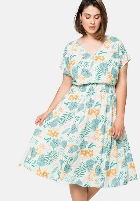 Kleid mit floralem Print und weitem Rockteil - blassaqua bedruckt - 40