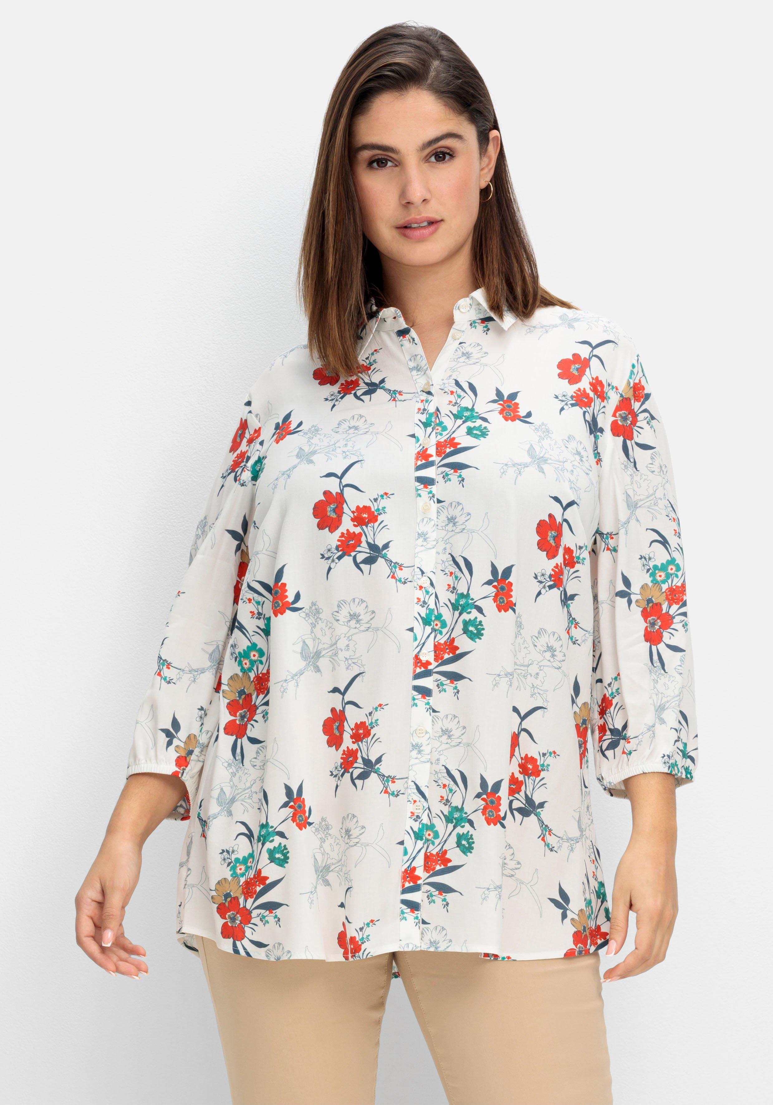 Bluse mit gemustert 3/4-Ärmeln sheego und - floralem Print | weiß