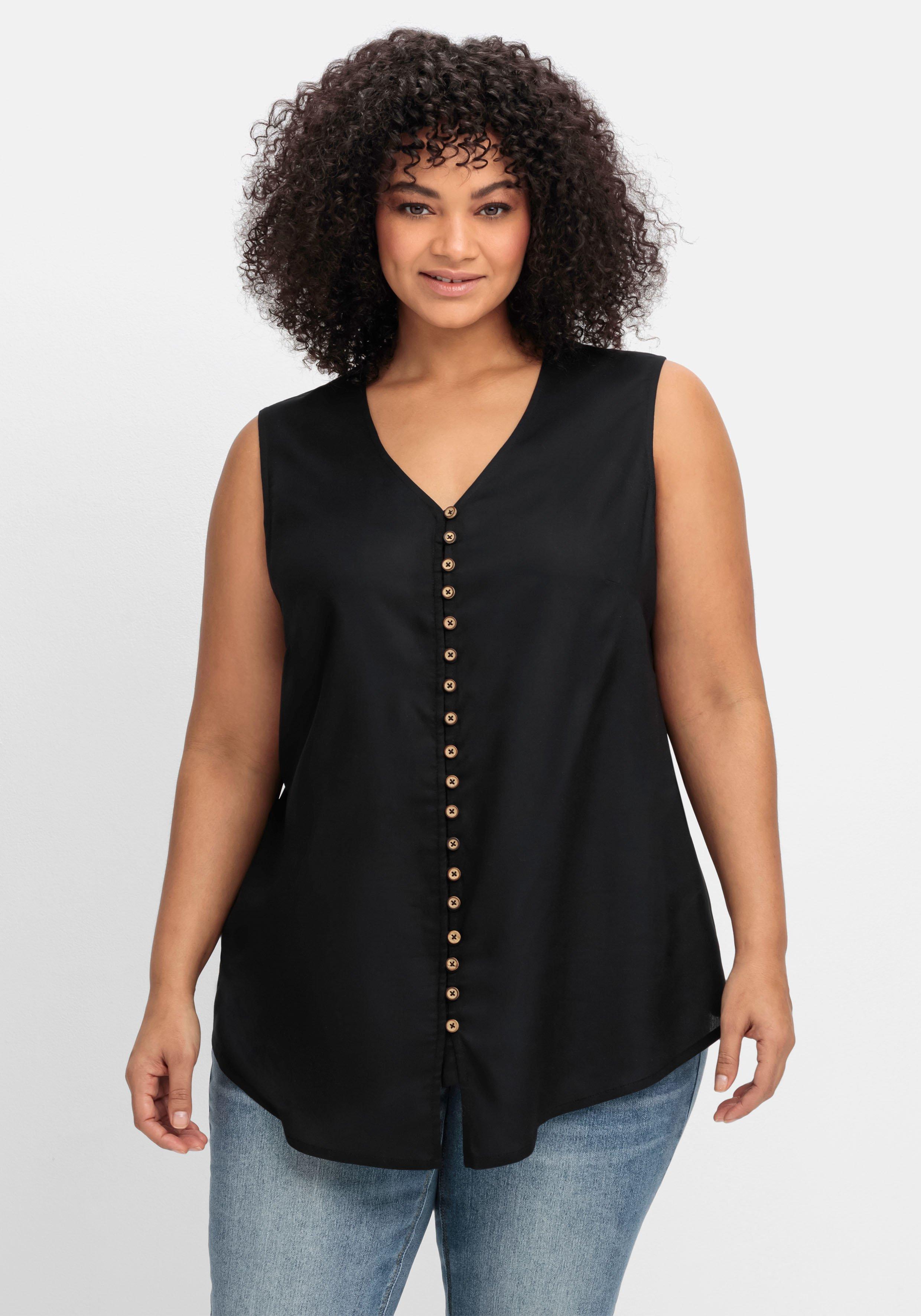 sheego by Joe Browns Top mit dekorativer Knopfleiste und zipfeligem Saum - schwarz sheego