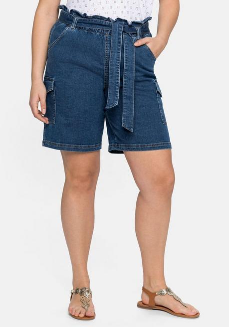 Jeans-Shorts mit Paperbagbund und Cargotaschen - blue used Denim - 40