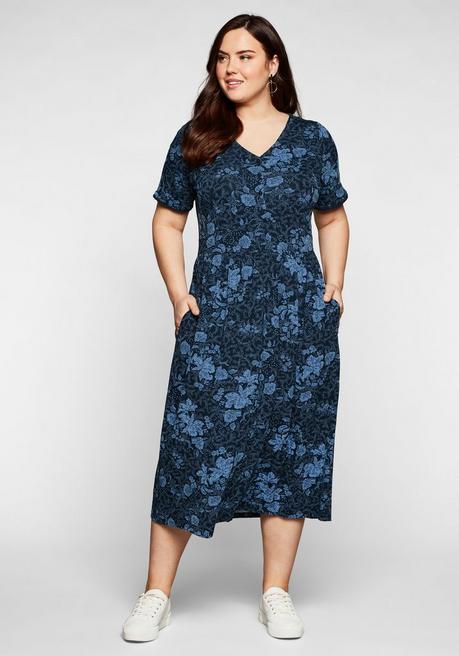 Jerseykleid mit V-Ausschnitt und Blumendruck - nachtblau bedruckt - 40