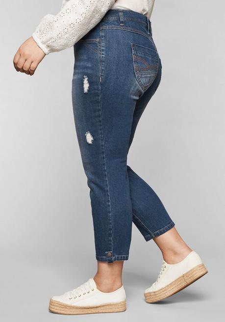 Slim Fit Jeans in 7/8-Länge mit Destroyed-Effekten - blue Denim - 40