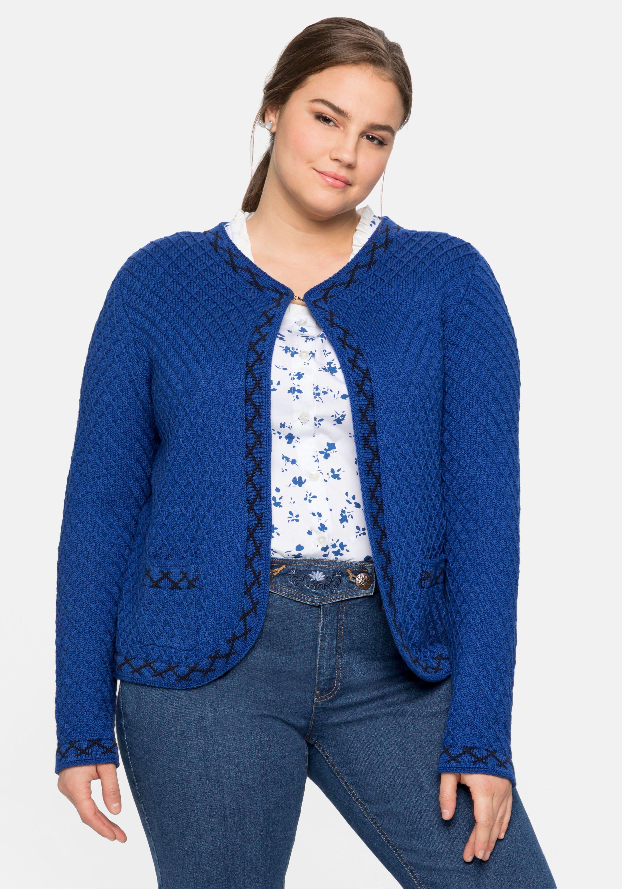 Kurze Trachten-Strickjacke mit Zierborte - royalblau | sheego