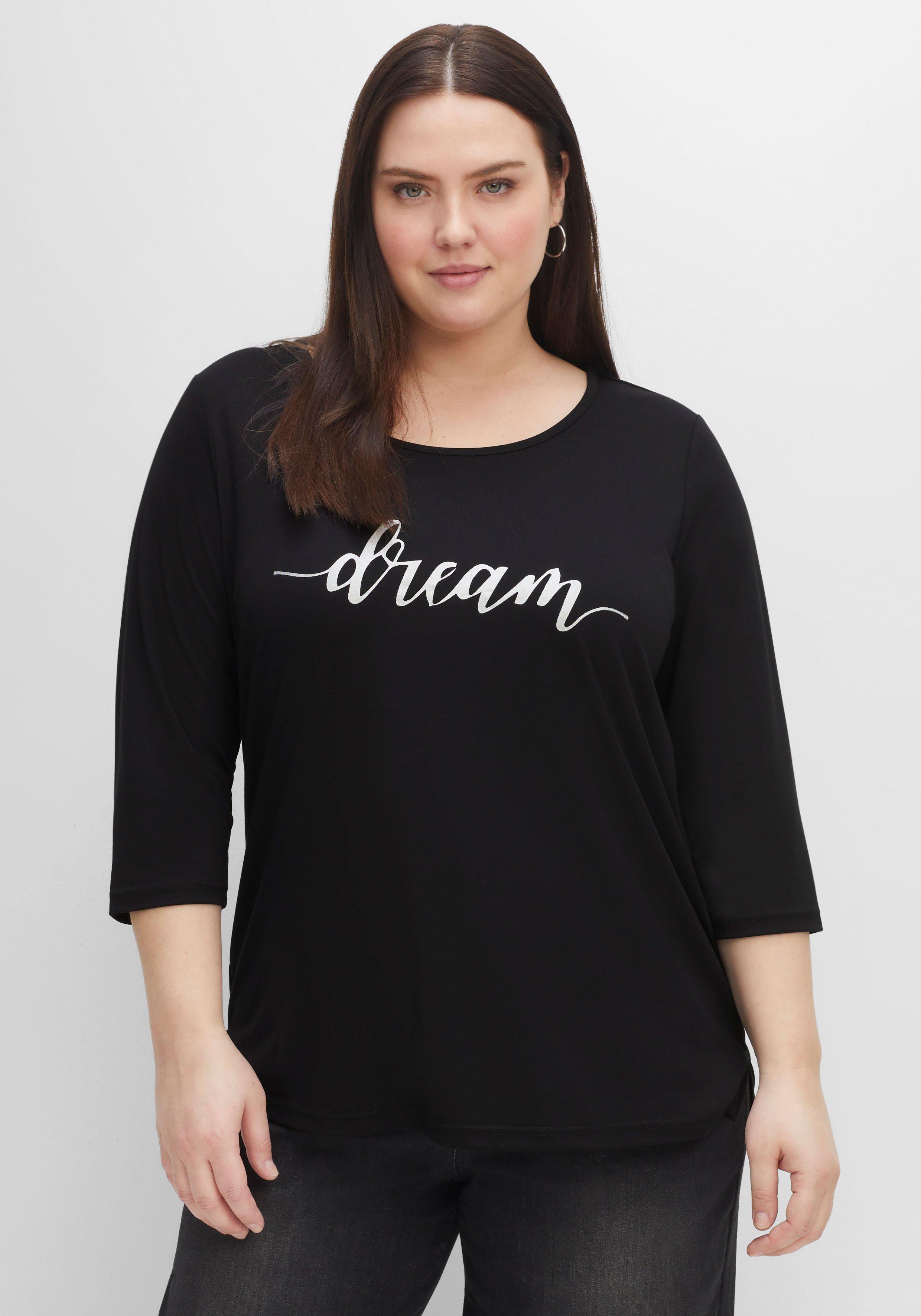 sheego Shirt mit Wording-Frontdruck und 3/4-Ärmeln - schwarz sheego