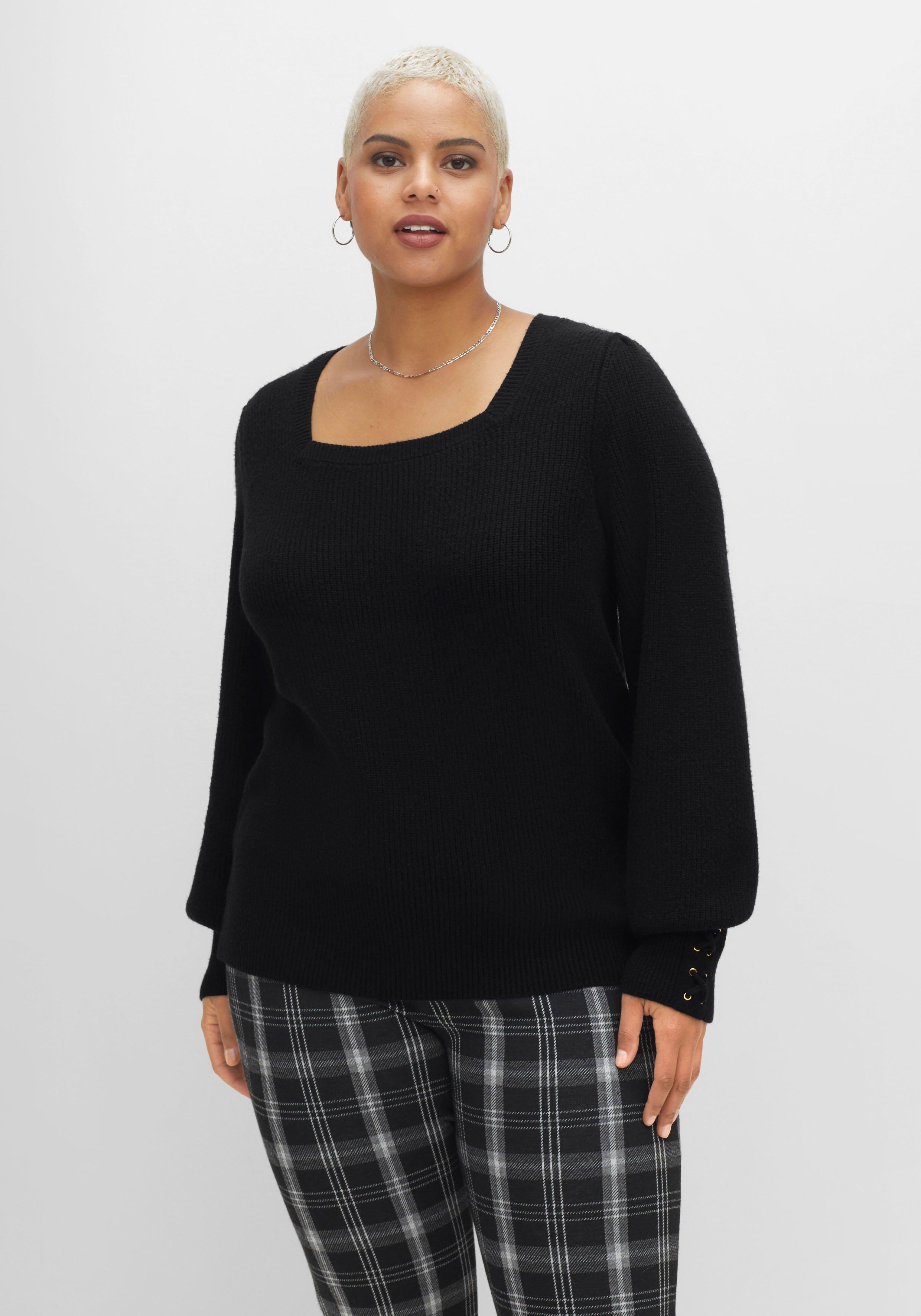 sheego by Joe Browns Pullover mit Karree-Ausschnitt und Ballonärmeln - schwarz sheego