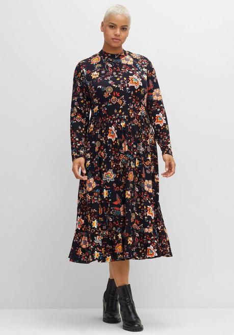 Jerseykleid mit weit schwingendem Rock, Blumenprint - schwarz bedruckt - 40