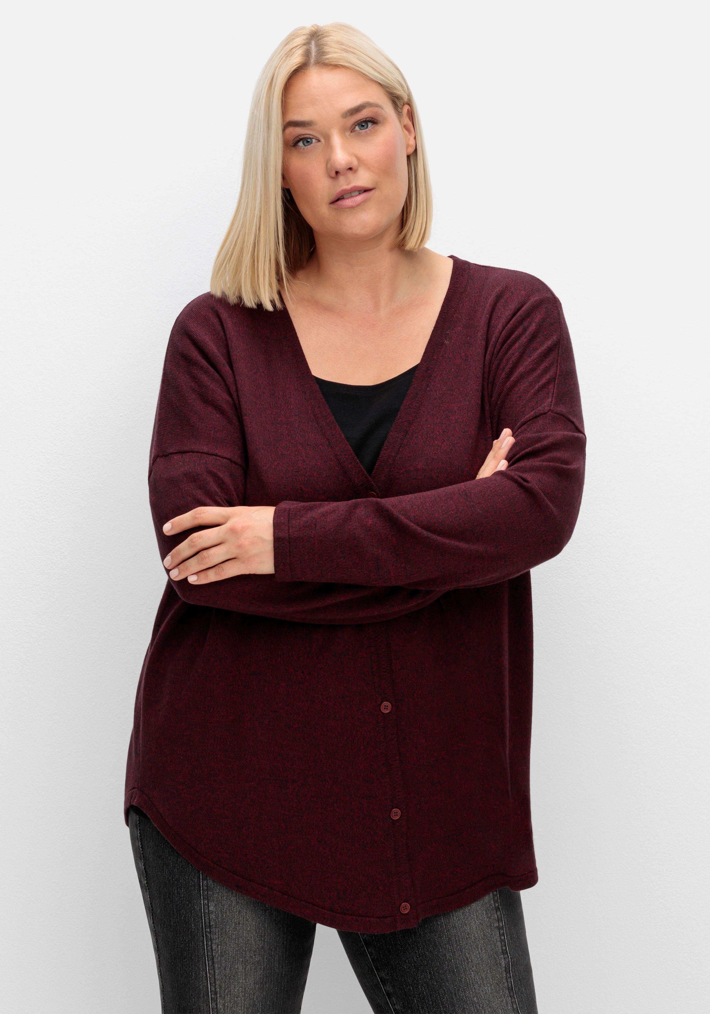 sheego Strickjacke mit V-Ausschnitt und gerundetem Saum - bordeaux meliert sheego