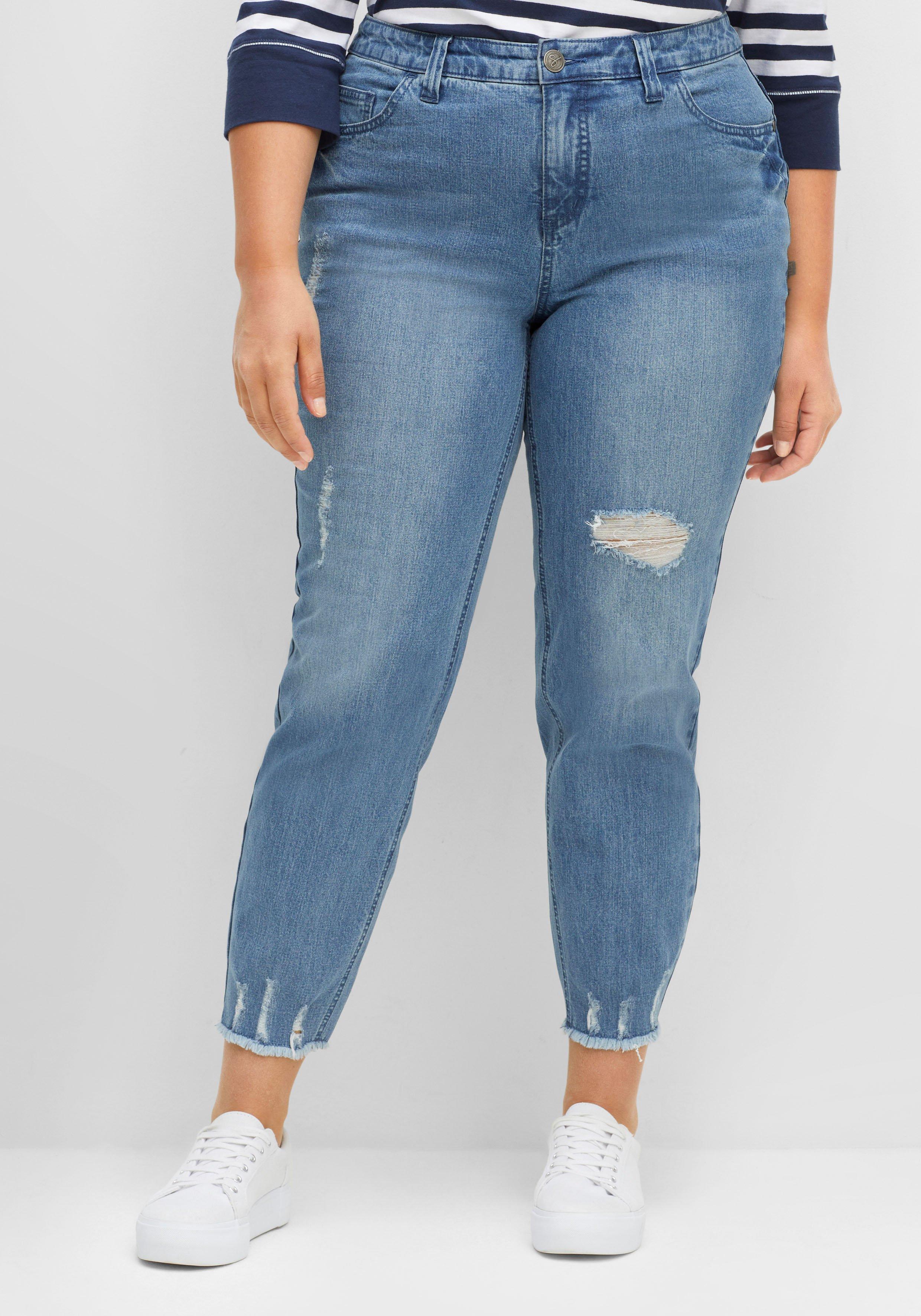 sheego Schmale 7/8-Jeans mit Destroyed-Effekten - blue used Denim sheego