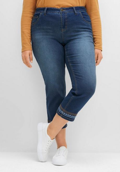 Gerade 7/8-Jeans mit Stickereien an Saum und Taschen - dark blue Denim - 40