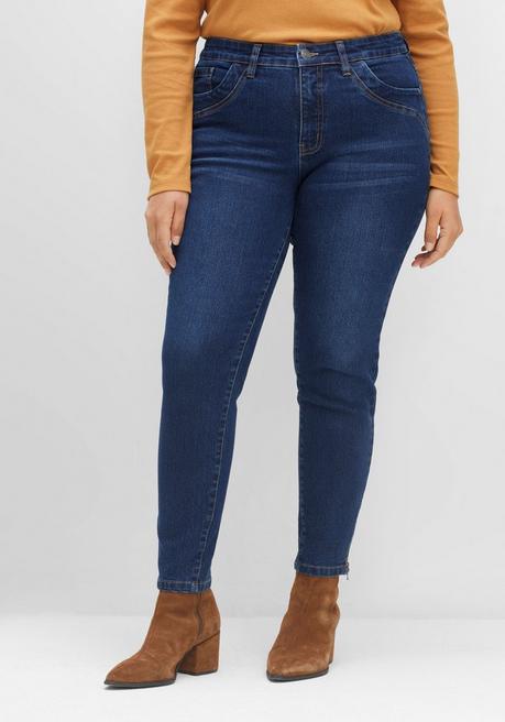 Schmale Jeans mit Zippern am Saumabschluss - dark blue Denim - 40