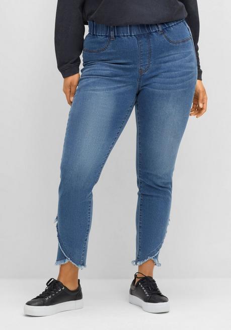 Schmale Jeans mit Gummibund und Fransensaum - blue Denim - 40