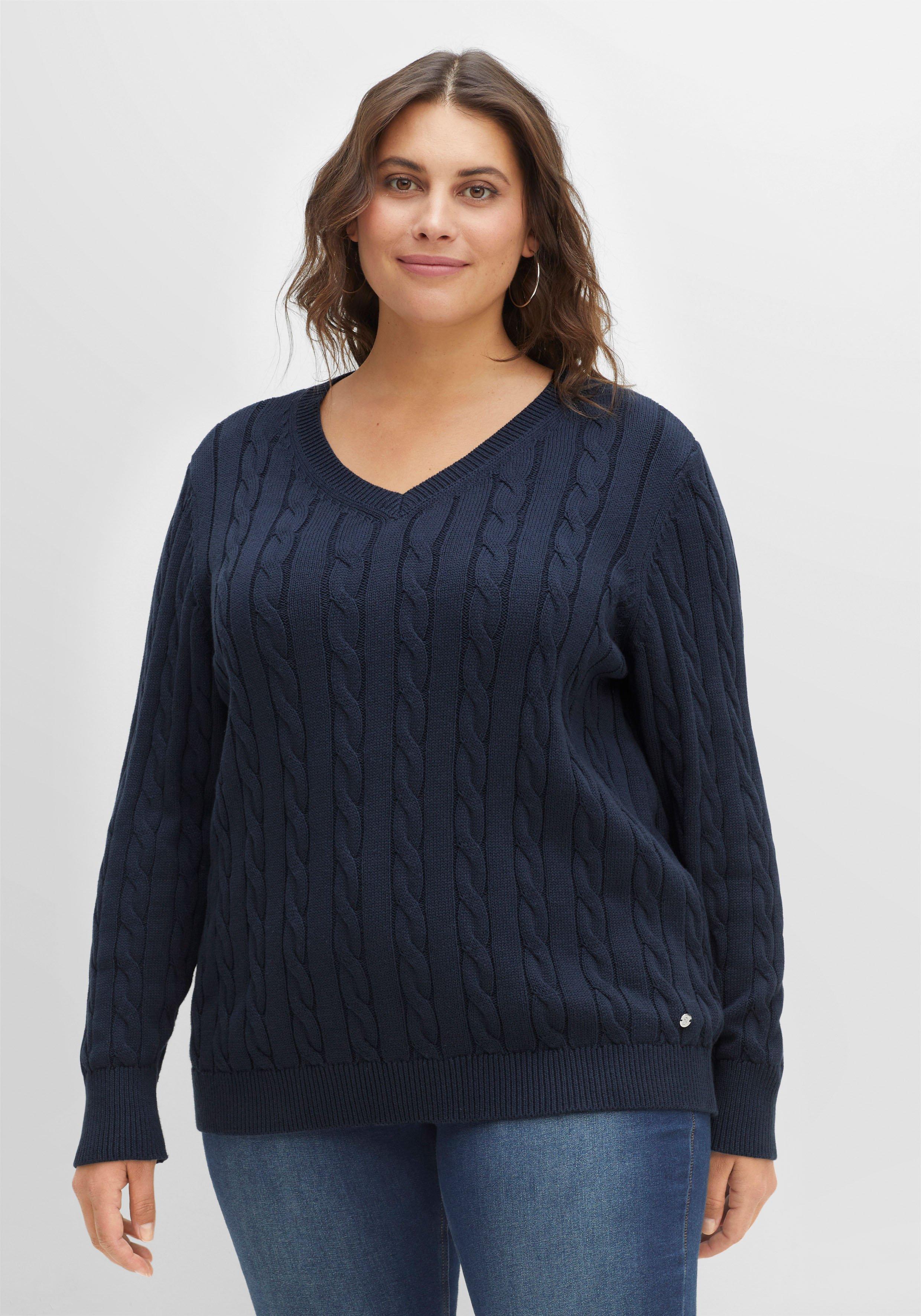 Pullover sheego und mit nachtblau V-Ausschnitt Zopfmuster - |